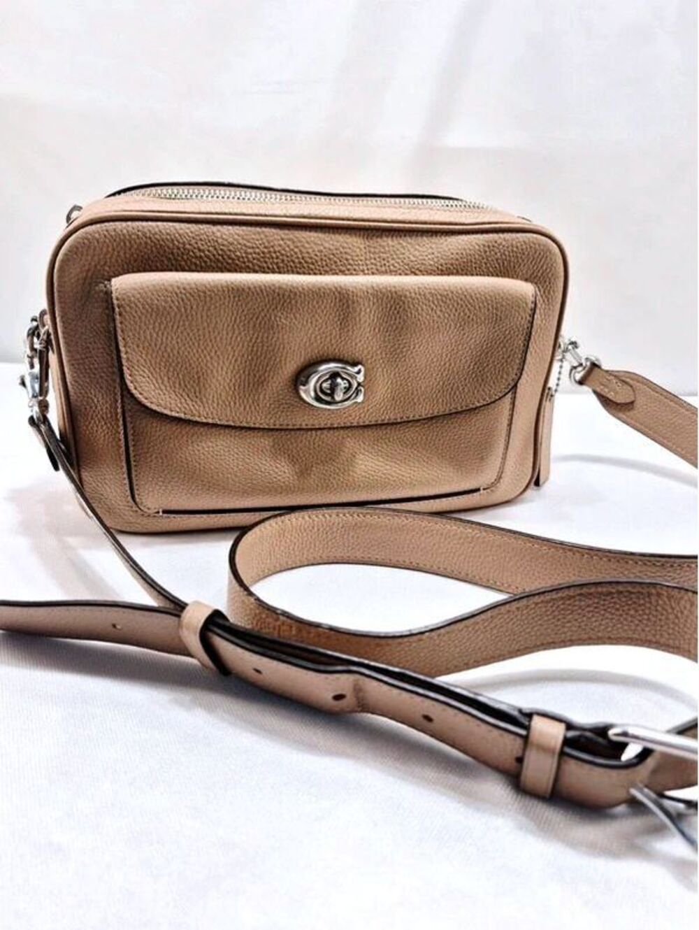 Coach Cassie Camera Bag taupe pebble leather turn-lock front pocket purse